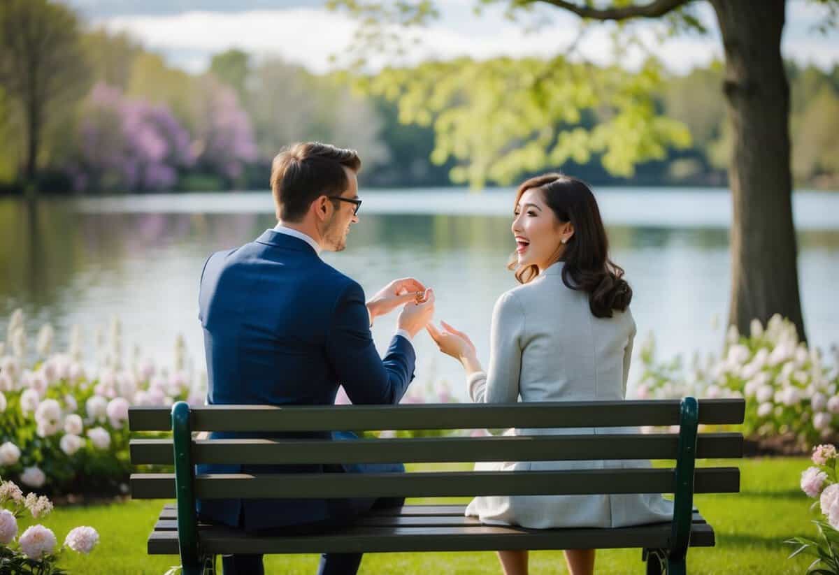 A couple sitting on a park bench, surrounded by blooming flowers and a serene lake. The man is holding out a ring, while the woman looks surprised