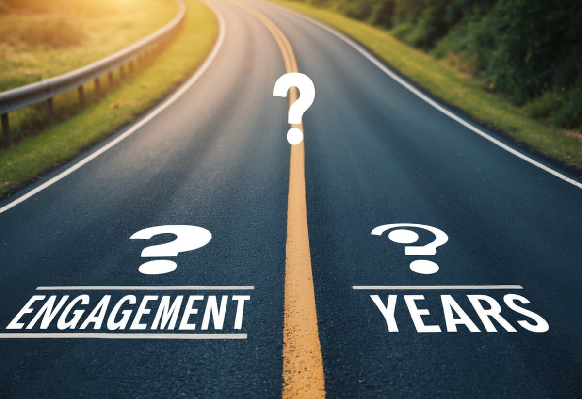 A winding road leads to a split in the path, with one direction labeled "Engagement" and the other "2 Years." A question mark hovers over the intersection