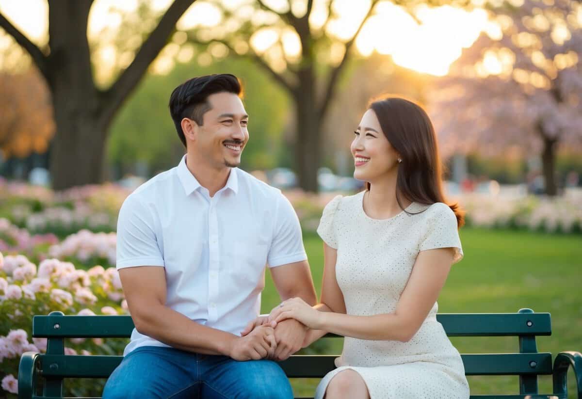A couple sitting on a park bench, smiling and holding hands, surrounded by blooming flowers and a warm sunset