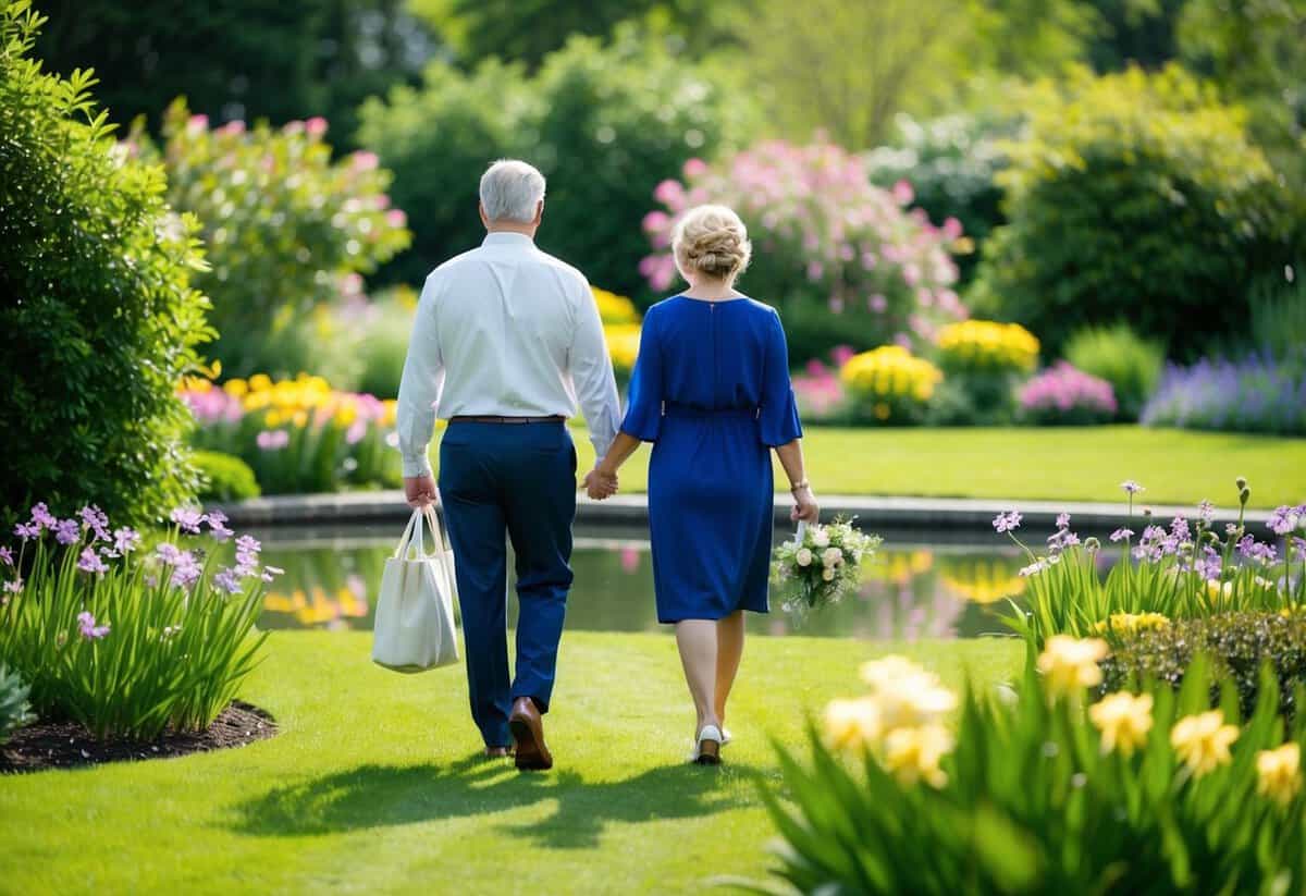 A couple walking hand in hand through a lush garden, surrounded by blooming flowers and a serene pond, symbolizing the potential for happiness in second marriages