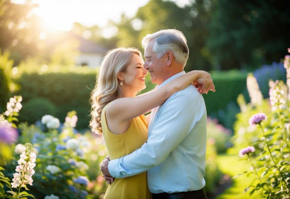 A couple embraces in a sunlit garden, surrounded by blooming flowers and a serene atmosphere. Their body language exudes happiness and contentment, symbolizing the potential for joy in second marriages