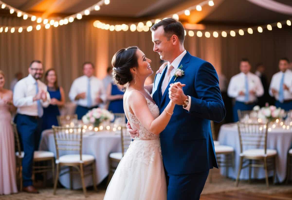 A couple dances under soft lights at a wedding reception, surrounded by tables and flowers