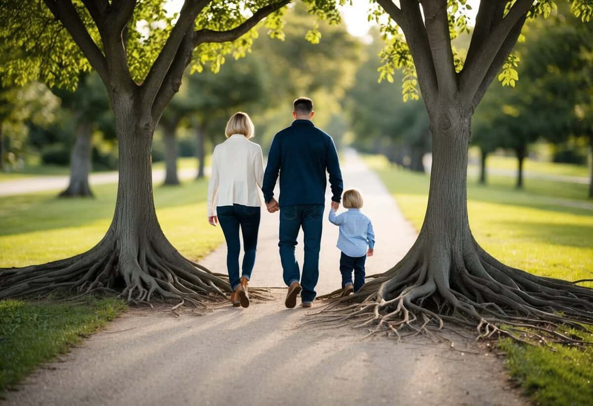 A couple walking together, blending their families, symbolized by two intertwining trees with roots merging into one
