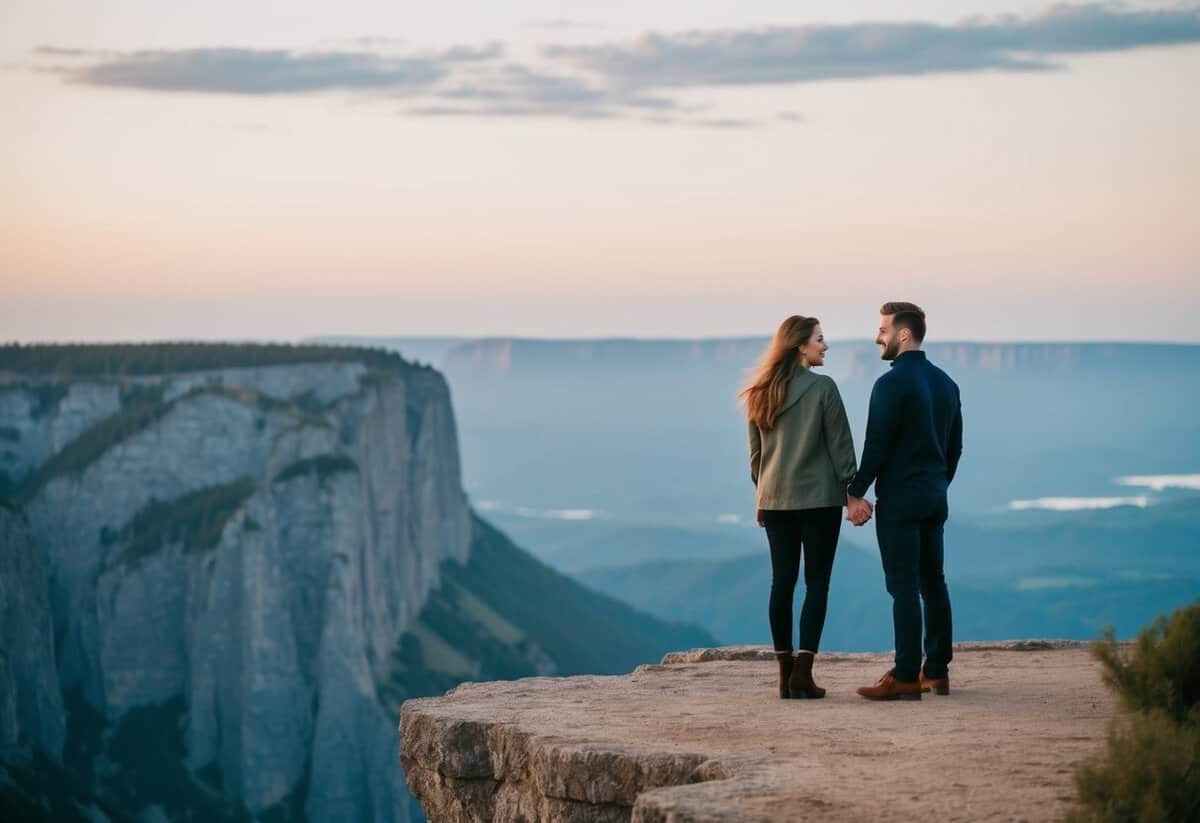 A couple standing on a cliff overlooking a vast, serene landscape, holding hands and gazing into each other's eyes
