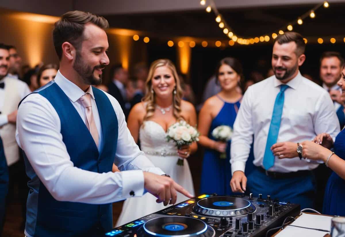A wedding DJ adjusts the playlist, selecting slow songs as per the guests' preferences and requests. The dance floor is dimly lit, creating a romantic atmosphere