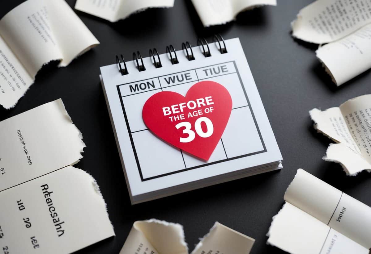 A calendar with a heart-shaped sticker marking a date before the age of 30, surrounded by torn pages symbolizing ended relationships