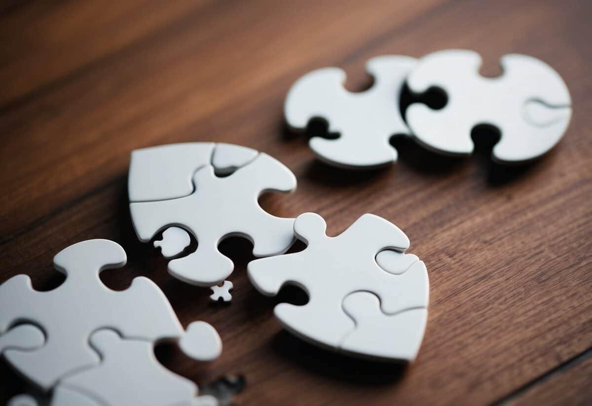 A broken heart-shaped puzzle with 90% of the pieces missing