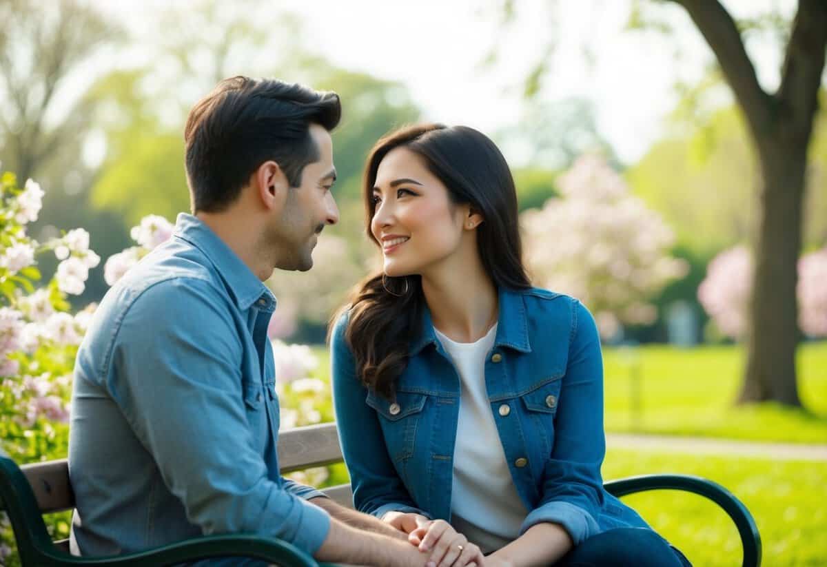 A couple sitting on a park bench, surrounded by blooming flowers and serene nature, looking into each other's eyes with a sense of understanding and affection