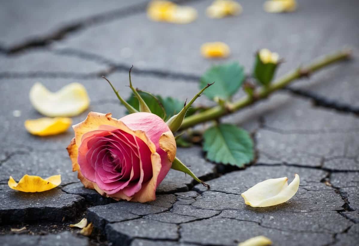 A wilted rose lying on a cracked pavement, surrounded by fallen petals and fading colors