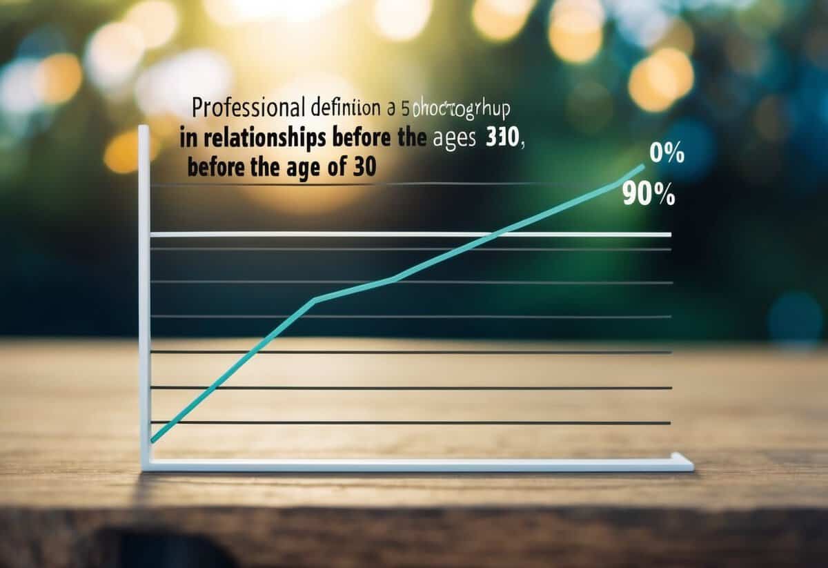 A graph showing a sharp decline in relationships before the age of 30, with a trend line indicating a 90% breakup rate