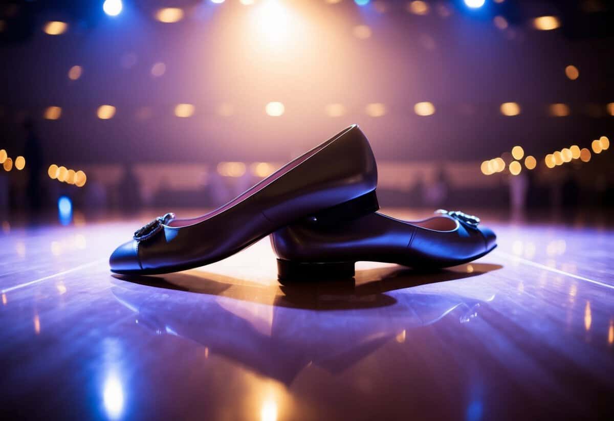 A couple of elegant shoes positioned close together on a polished dance floor, with a spotlight highlighting them