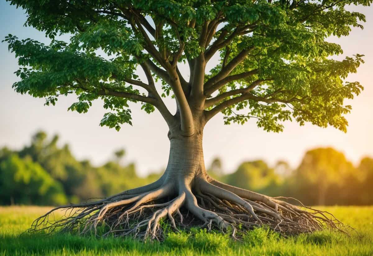 A tree with intertwined roots growing together, symbolizing personal growth and shared goals