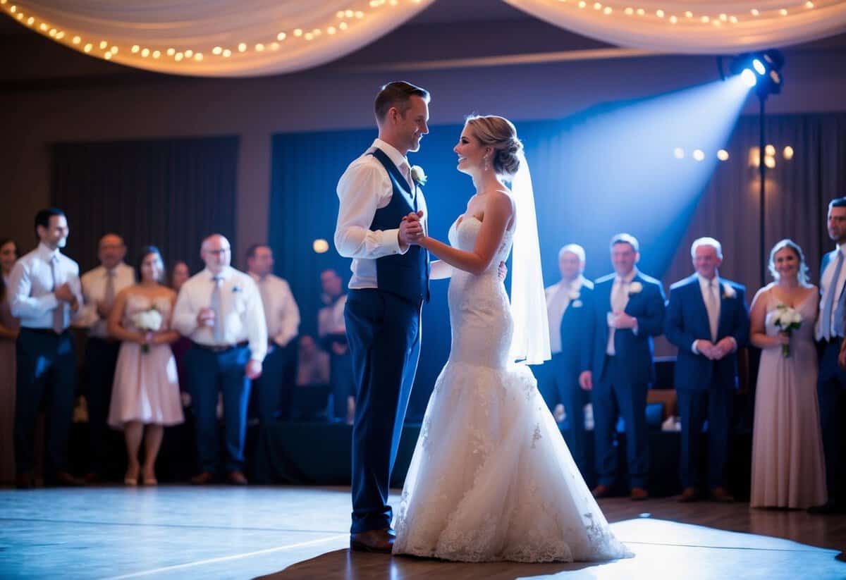 A couple stands in a spotlight on a dimly lit dance floor, gazing into each other's eyes as they prepare for their first dance