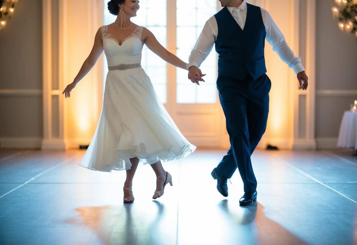 A couple gracefully glides across the dance floor, maintaining eye contact and smiling as they move in sync