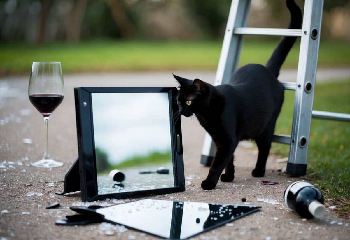 A broken mirror lies on the ground, with scattered salt and spilled wine nearby. A black cat crosses the path under a ladder