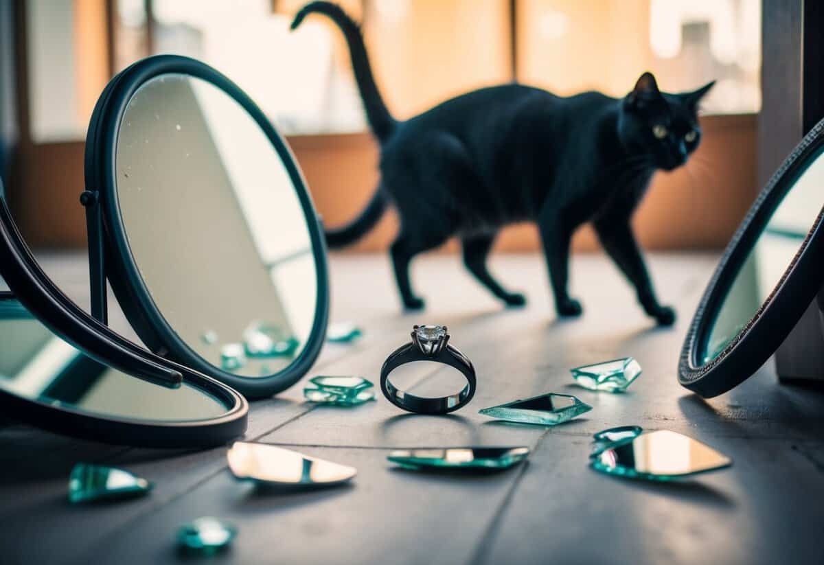 A wedding ring dropped on the floor, surrounded by broken mirrors and a black cat crossing the path