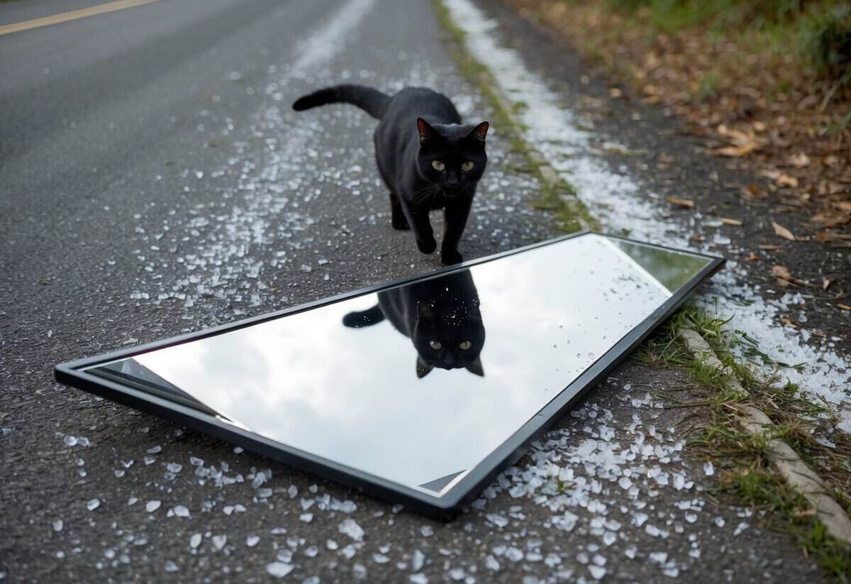 A broken mirror lies on the ground, surrounded by scattered salt and a black cat crossing the path