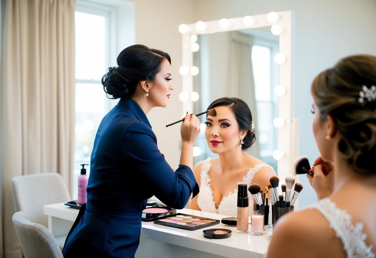 A makeup artist applies cosmetics to a bride's face in a well-lit room with a large mirror and makeup supplies on a table