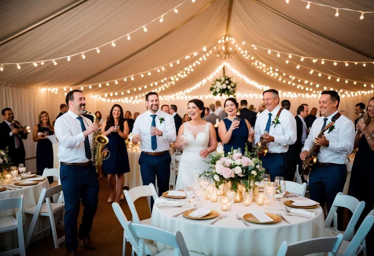 Guests celebrate under twinkling lights at a wedding reception. Tables are adorned with flowers and candles, while a band plays lively music
