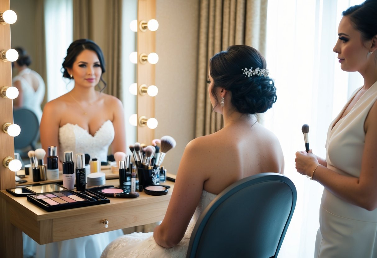 A bride sits in a chair facing a mirror, surrounded by makeup products and brushes. A makeup artist stands nearby, contemplating the schedule