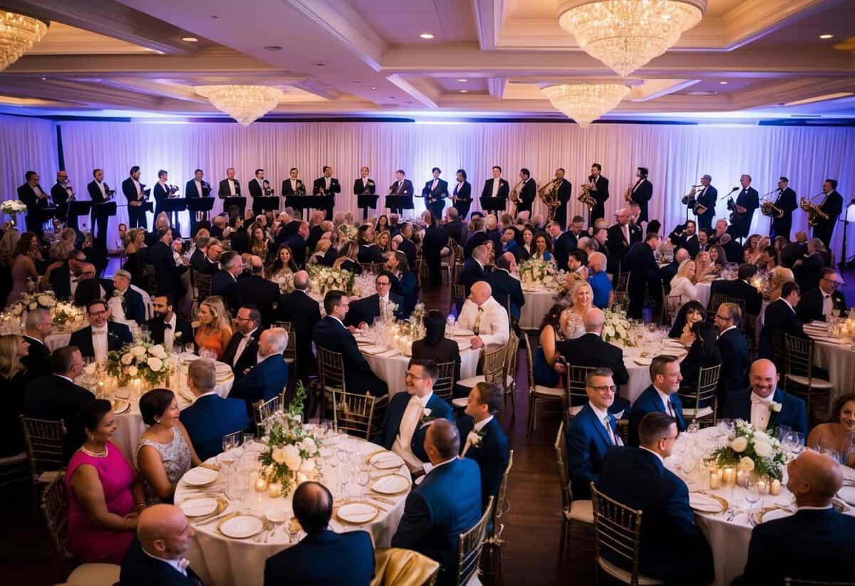 A festive gathering of guests at a wedding, with tables adorned in elegant decor, a dance floor, and a band playing music