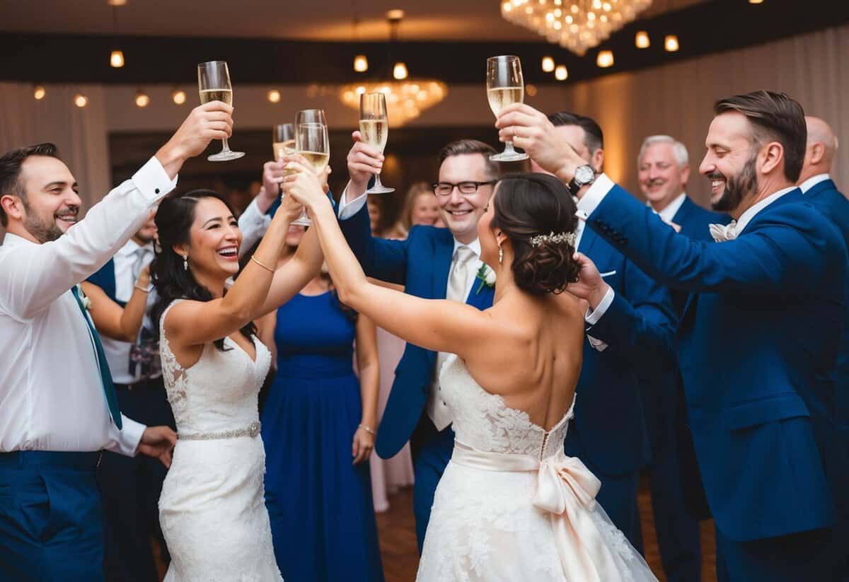 Guests raise their glasses in celebration as the newlyweds share their first dance. The room is filled with laughter and music, symbolizing the start of their married life