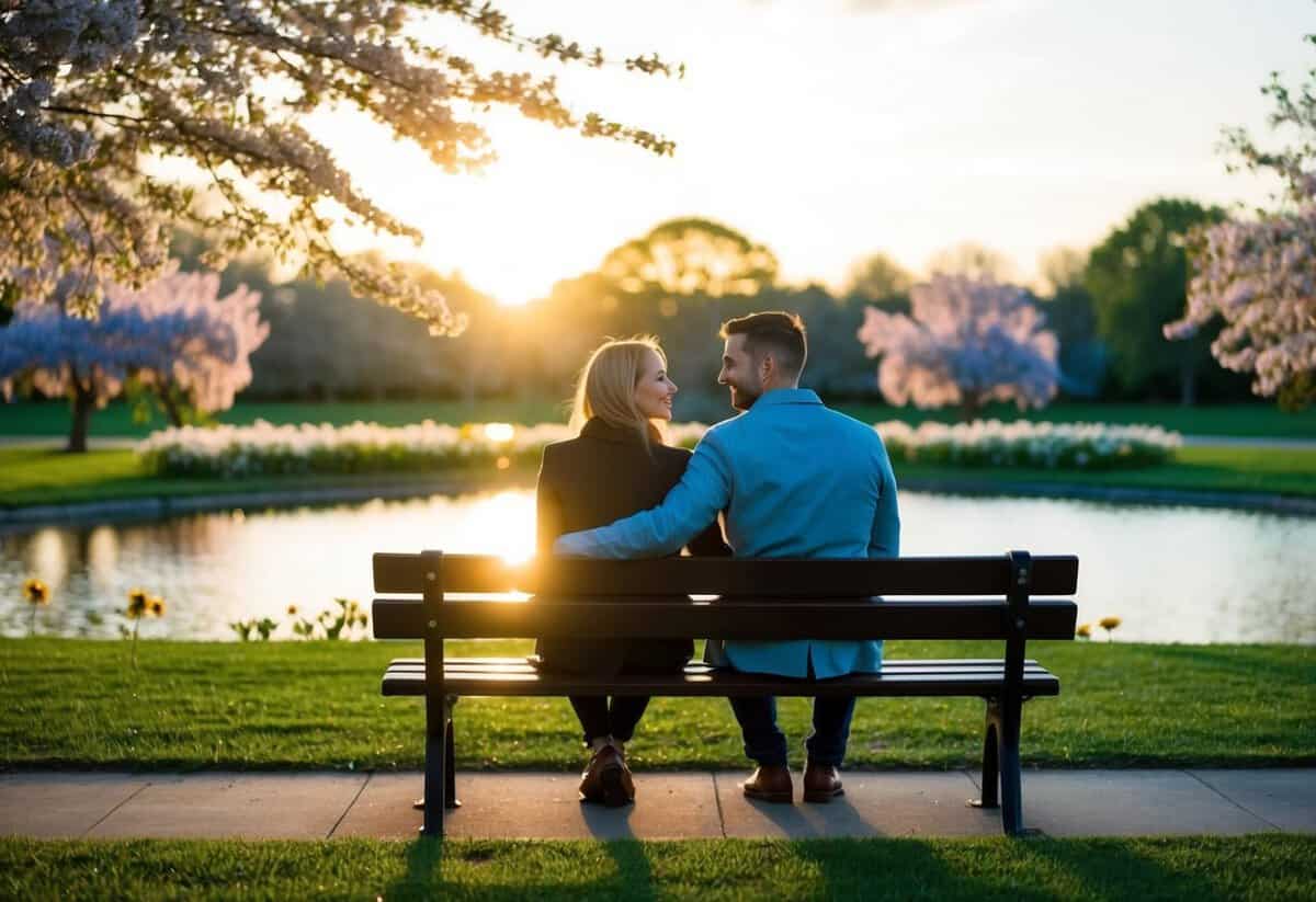 A couple sitting on a park bench, surrounded by blooming flowers and a serene pond. The sun is setting, casting a warm glow over the scene