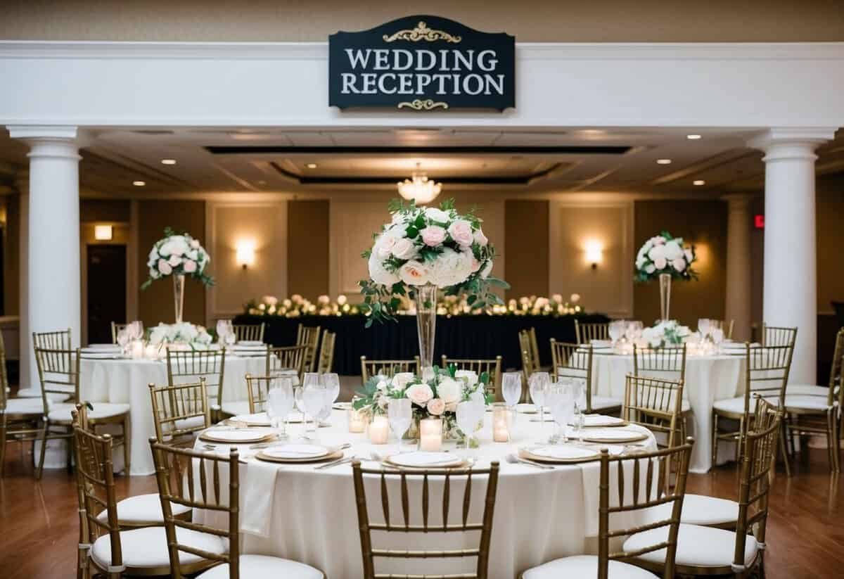 A beautifully decorated reception hall with elegant tables, chairs, and floral centerpieces. A sign with the words "Wedding Reception" hangs above the entrance