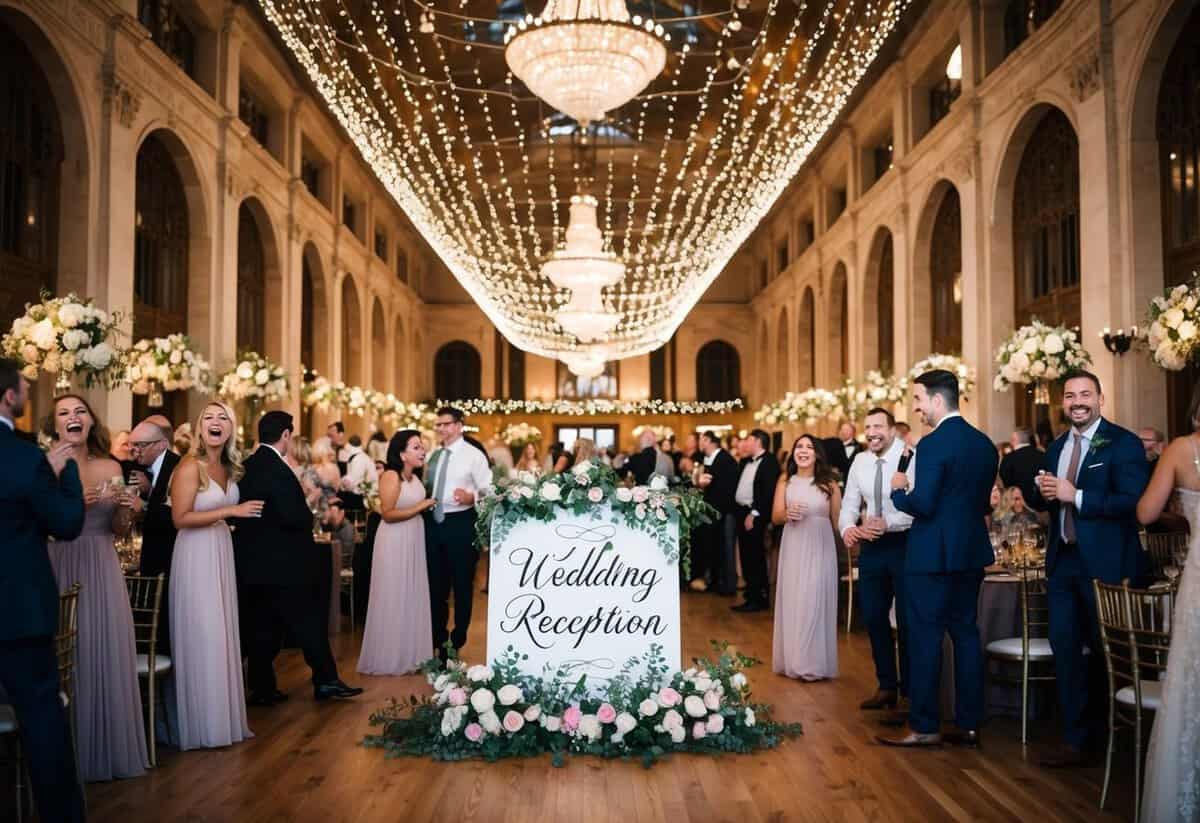 A grand hall adorned with flowers and twinkling lights, filled with laughter and music. A large sign reads "Wedding Reception" in elegant script