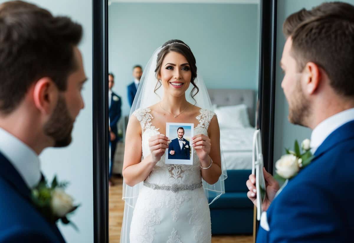 The bride stands in front of a mirror, holding a photo of her groom. She looks at the photo with a mix of anticipation and excitement