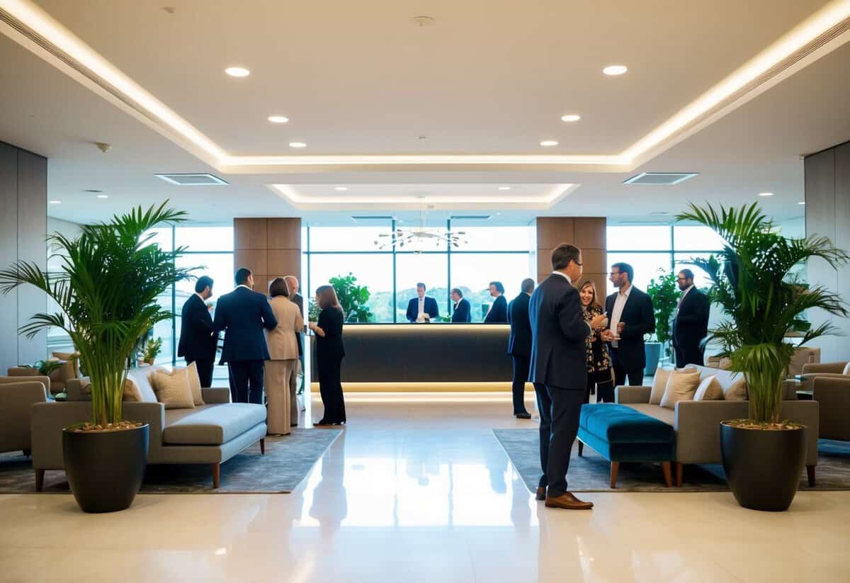 Guests mingle in a spacious, well-lit area with modern decor. A reception desk stands at the center, flanked by comfortable seating and potted plants