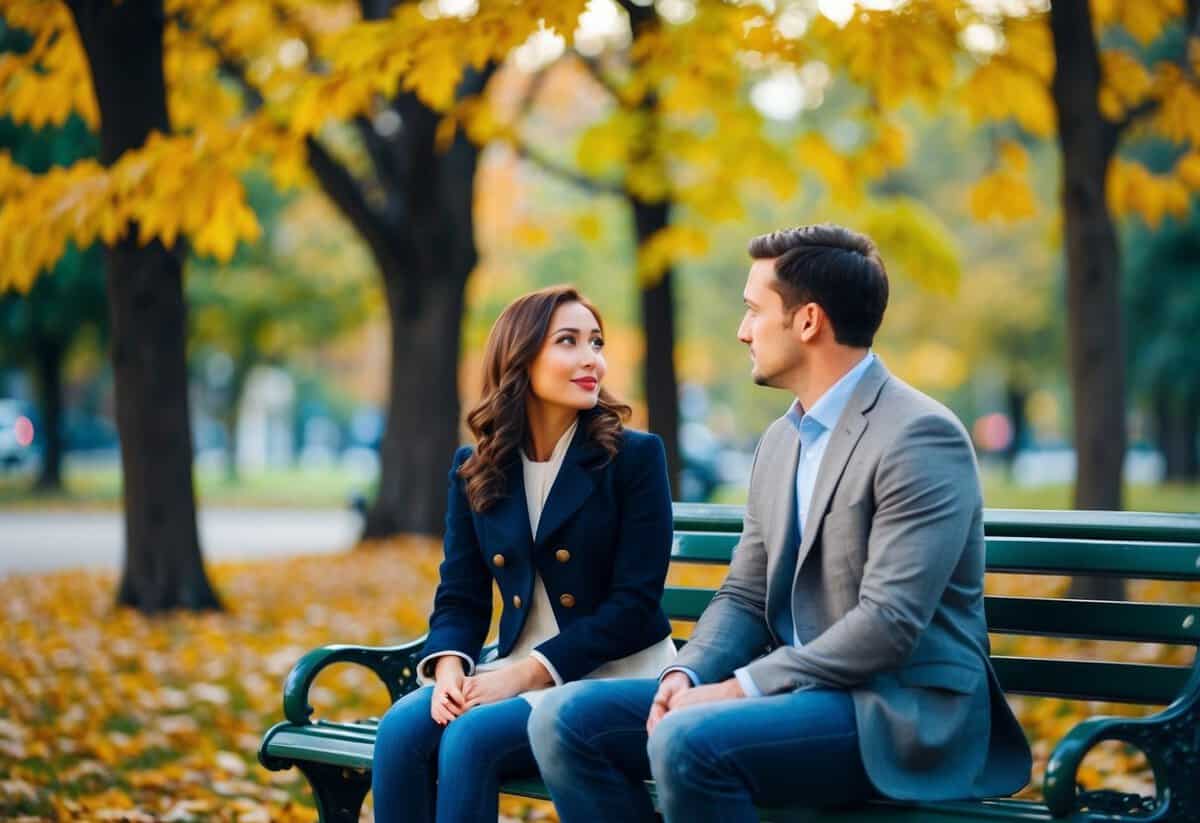A couple sitting on a park bench, surrounded by autumn foliage. The woman looks expectantly at the man, who seems hesitant