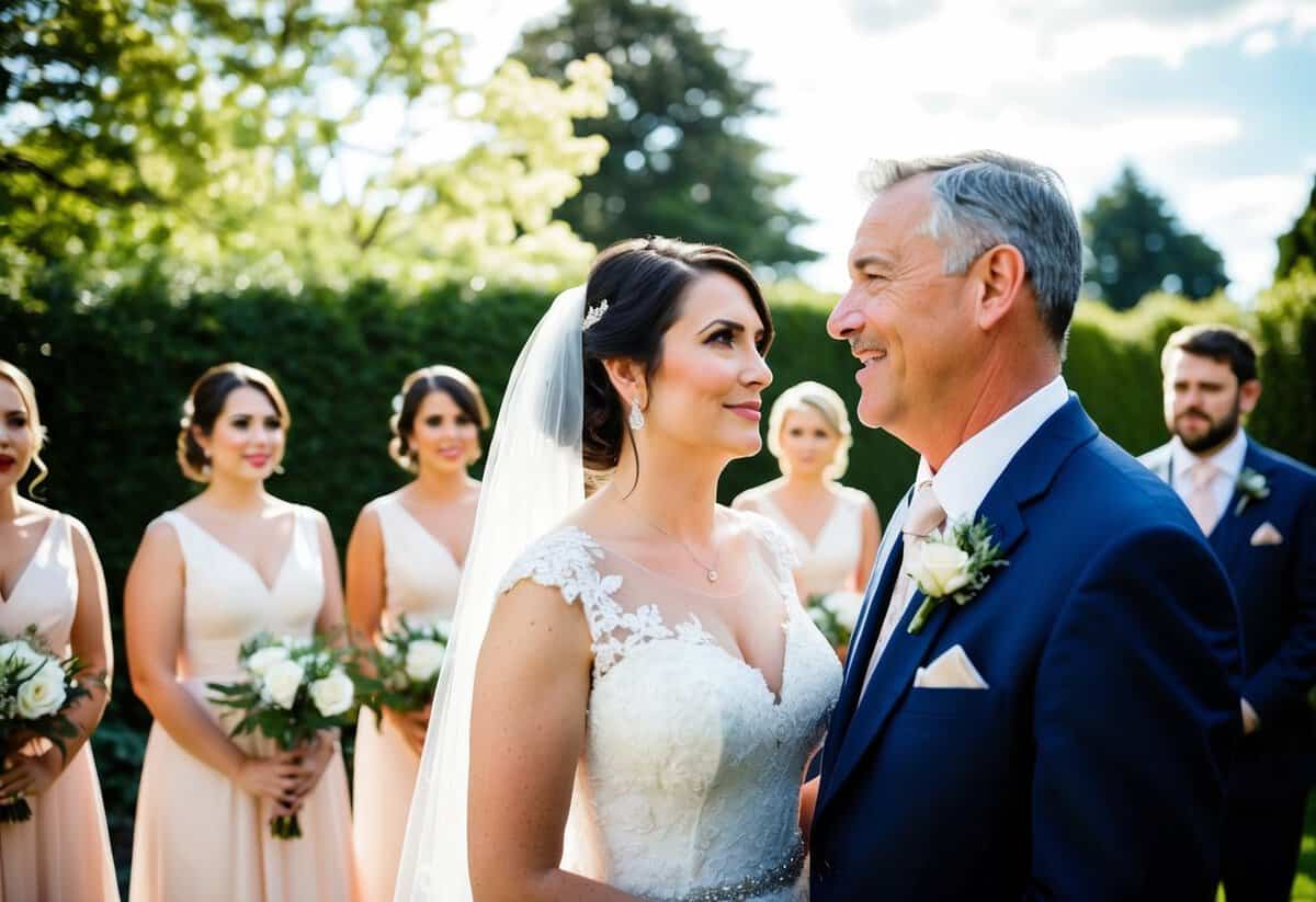 The bride stands in a sunlit garden, surrounded by her bridesmaids and groomsmen. She locks eyes with her father, who has a proud and emotional expression