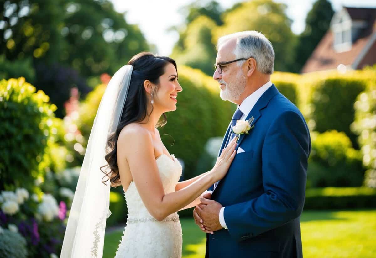 The bride does a first look with her father in a sunlit garden