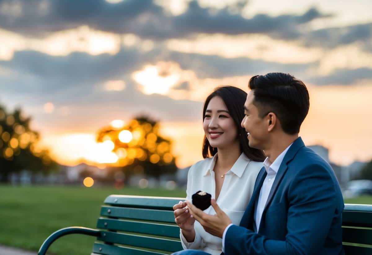 A couple sitting on a park bench, gazing at each other with a ring box in hand. The sun setting in the background