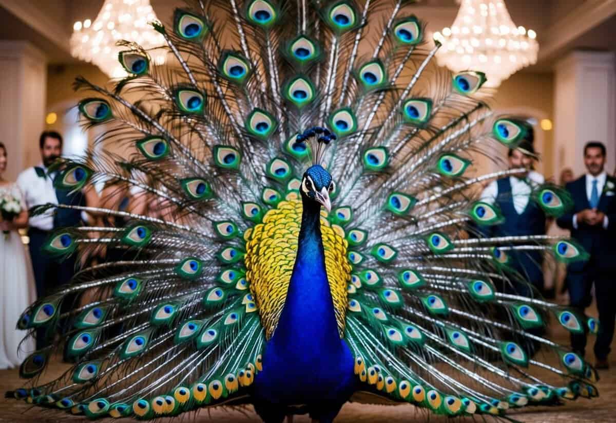 A majestic peacock struts into the wedding reception, its vibrant feathers catching the light and drawing all eyes towards its regal presence