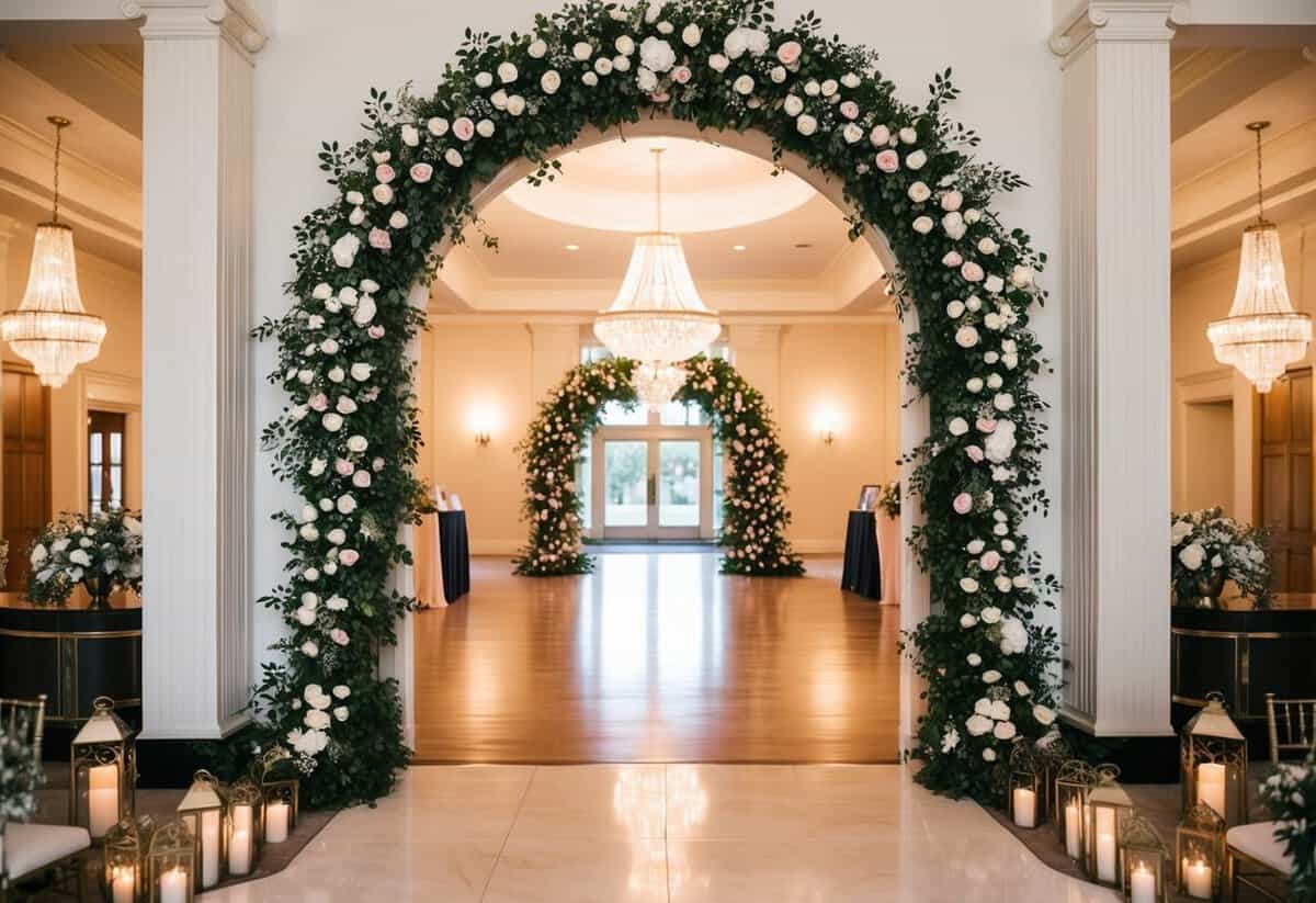 A grand entrance arch with floral decorations and twinkling lights, leading to the reception area