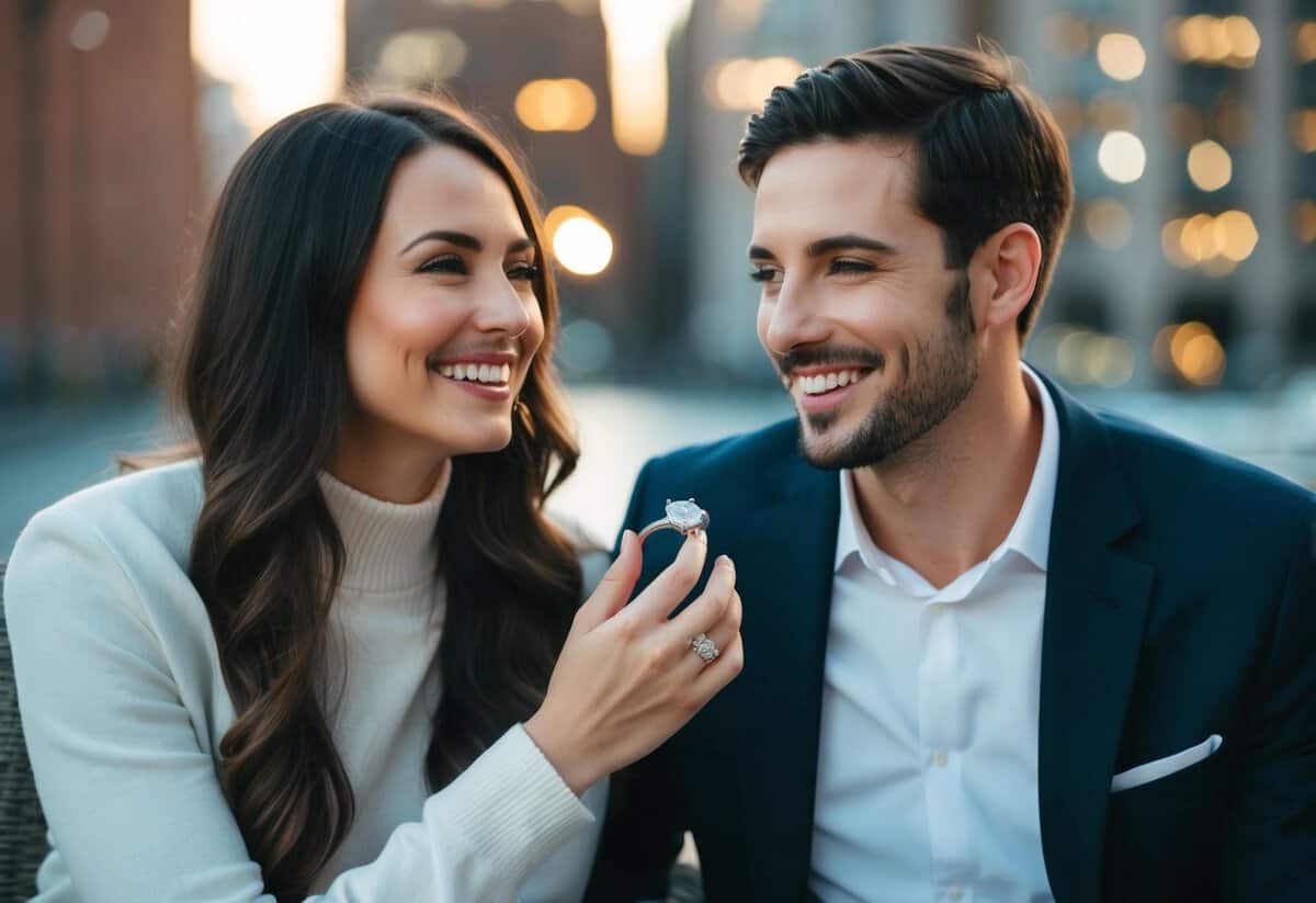 A couple sitting together, smiling, with a ring in hand