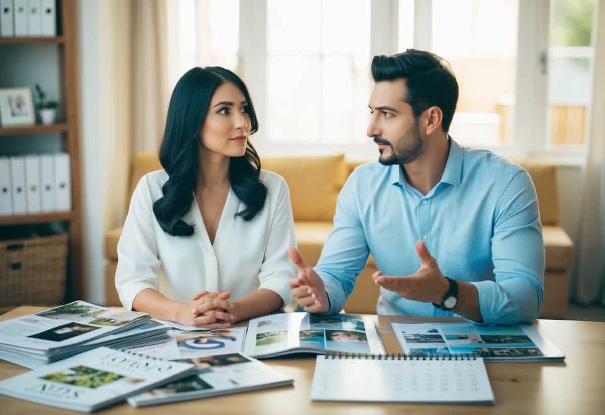 A couple sitting at a table, surrounded by wedding magazines and a calendar. The woman looks contemplative while the man gestures with his hands