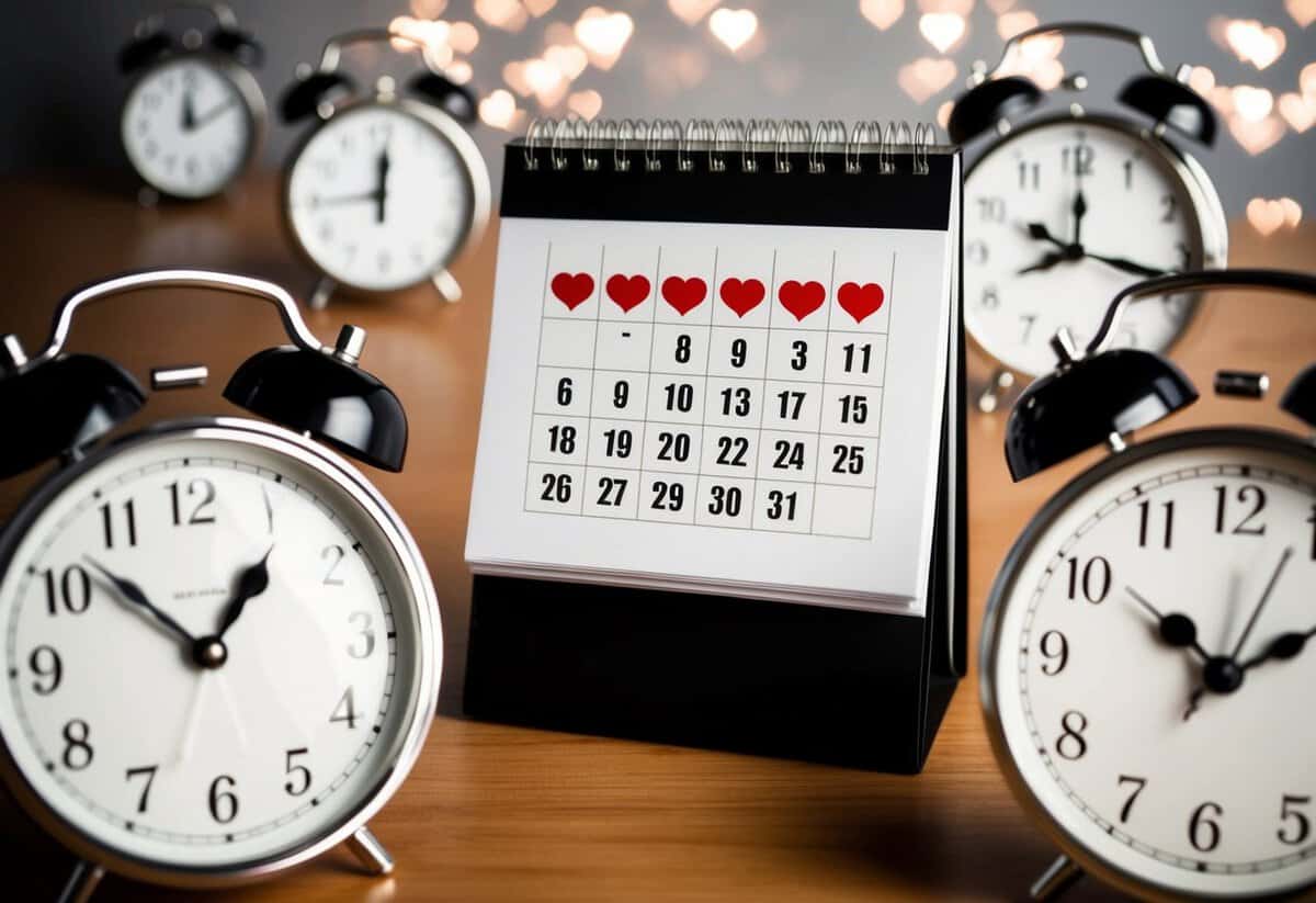 A calendar with hearts marking significant dates, surrounded by clocks showing different times