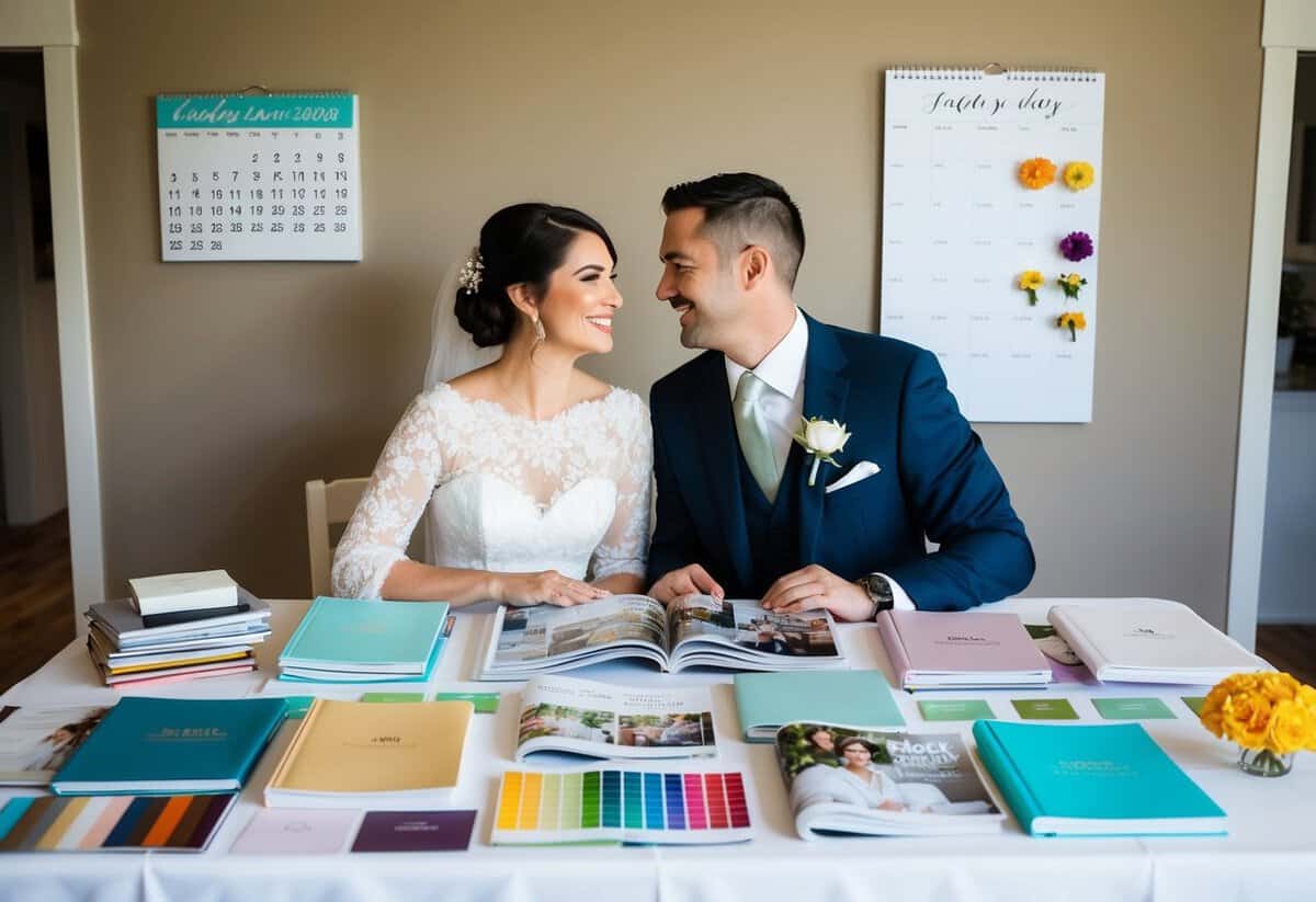 A couple sits at a table covered in wedding magazines and notebooks, surrounded by color swatches and flower samples. A calendar on the wall marks the two-year countdown to their big day