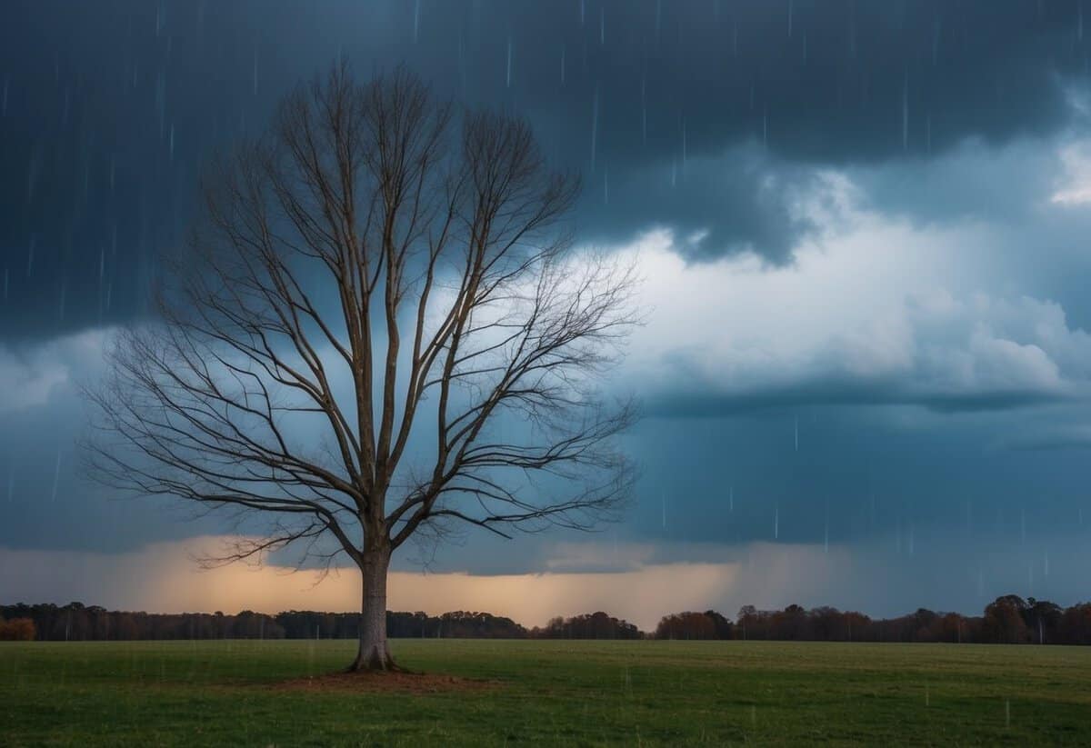 A barren tree surrounded by dark clouds and rain in November