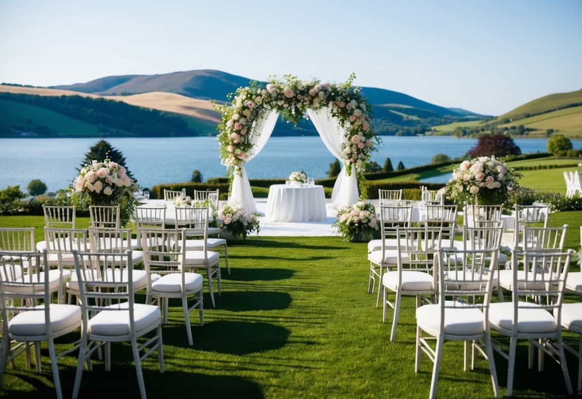 A serene outdoor wedding venue with blooming flowers, elegant seating, and a picturesque backdrop of rolling hills and a sparkling lake