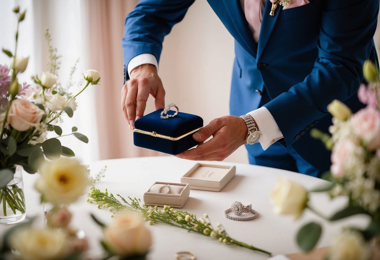 A father placing a delicate jewelry box on a table, surrounded by flowers and wedding decorations