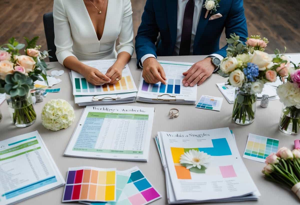 A couple sits at a table covered in wedding magazines and spreadsheets, surrounded by color swatches and floral samples, discussing plans for their big day