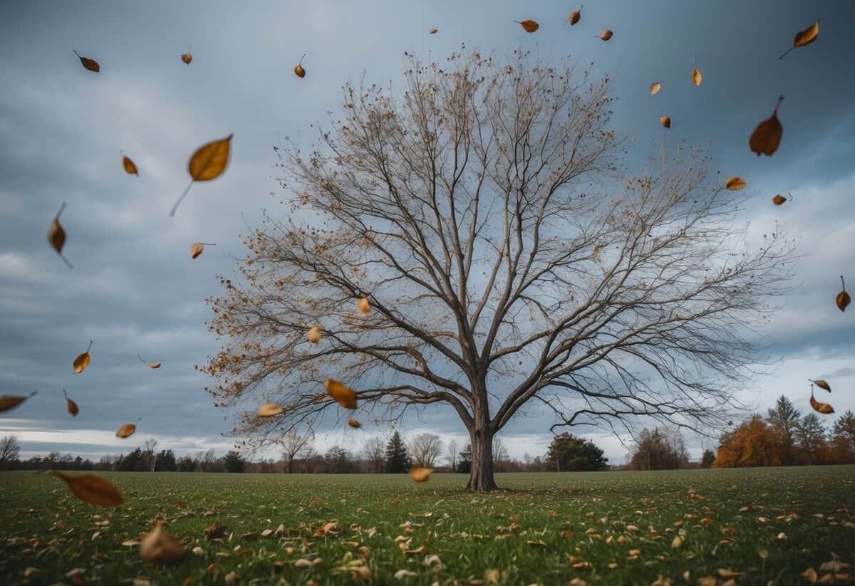 A barren tree surrounded by falling leaves and gray skies, indicating the onset of winter, symbolizing a month not suitable for marriage