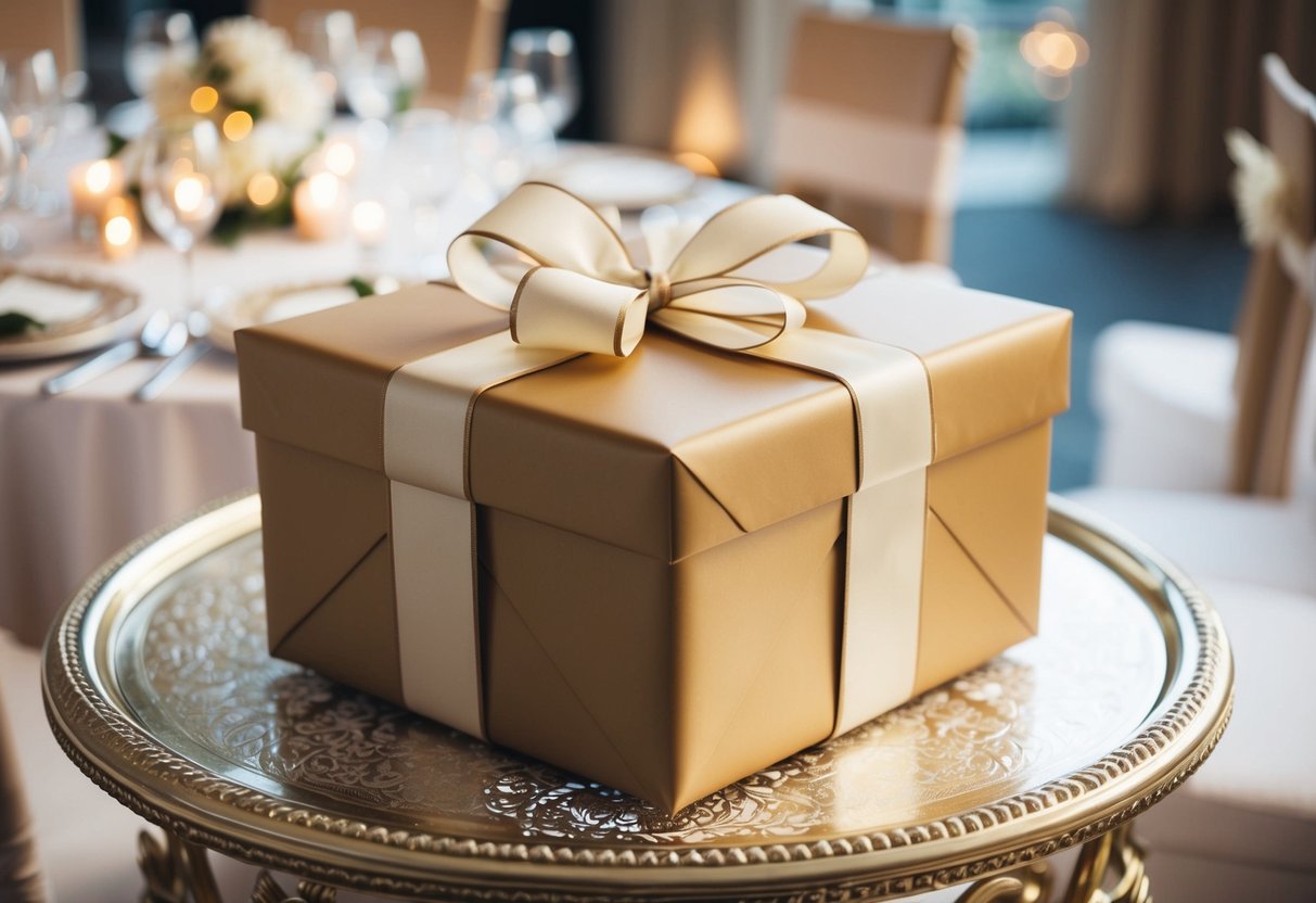 A beautifully wrapped gift box with a ribbon and bow, placed on a decorative table at a wedding reception