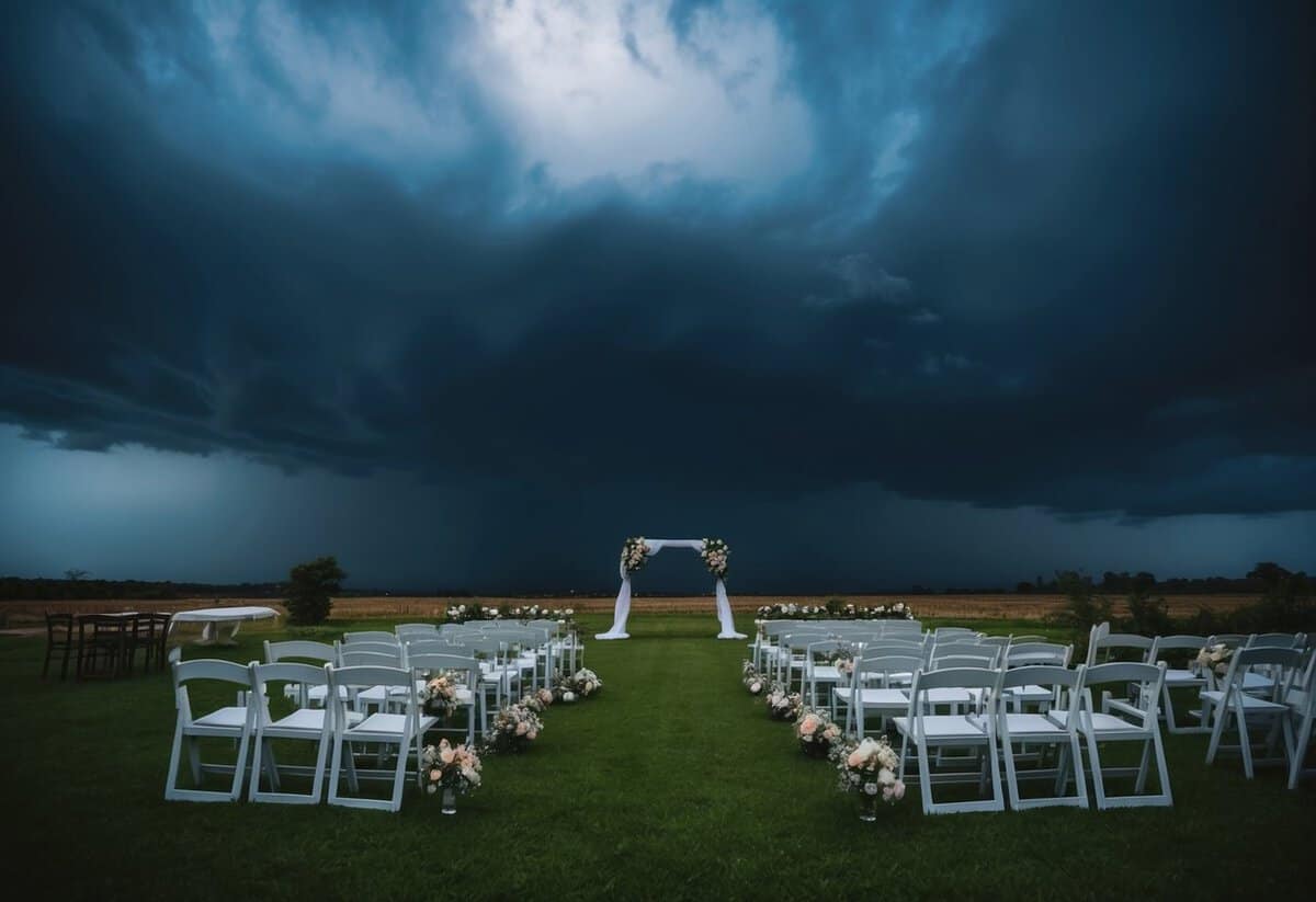 A gloomy, stormy sky looms over a deserted wedding venue, with wilted flowers and empty chairs, symbolizing inauspicious months for marriage