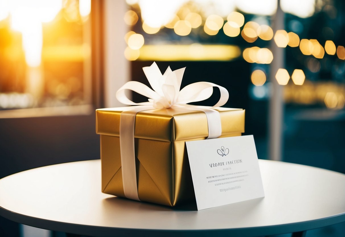 A wrapped gift box with a ribbon and a wedding card on a table