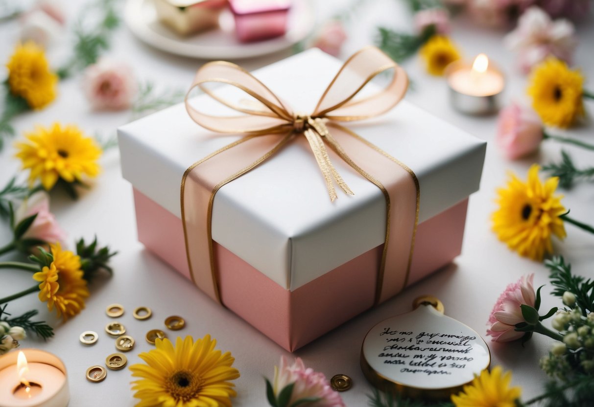 A beautifully wrapped gift box with a delicate ribbon, surrounded by flowers and sentimental decor